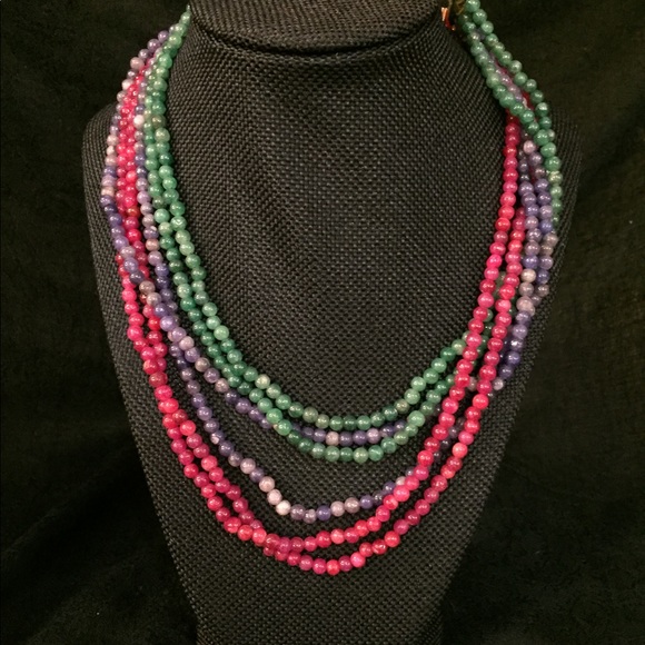 Ruby, emerald, sapphire strung necklace